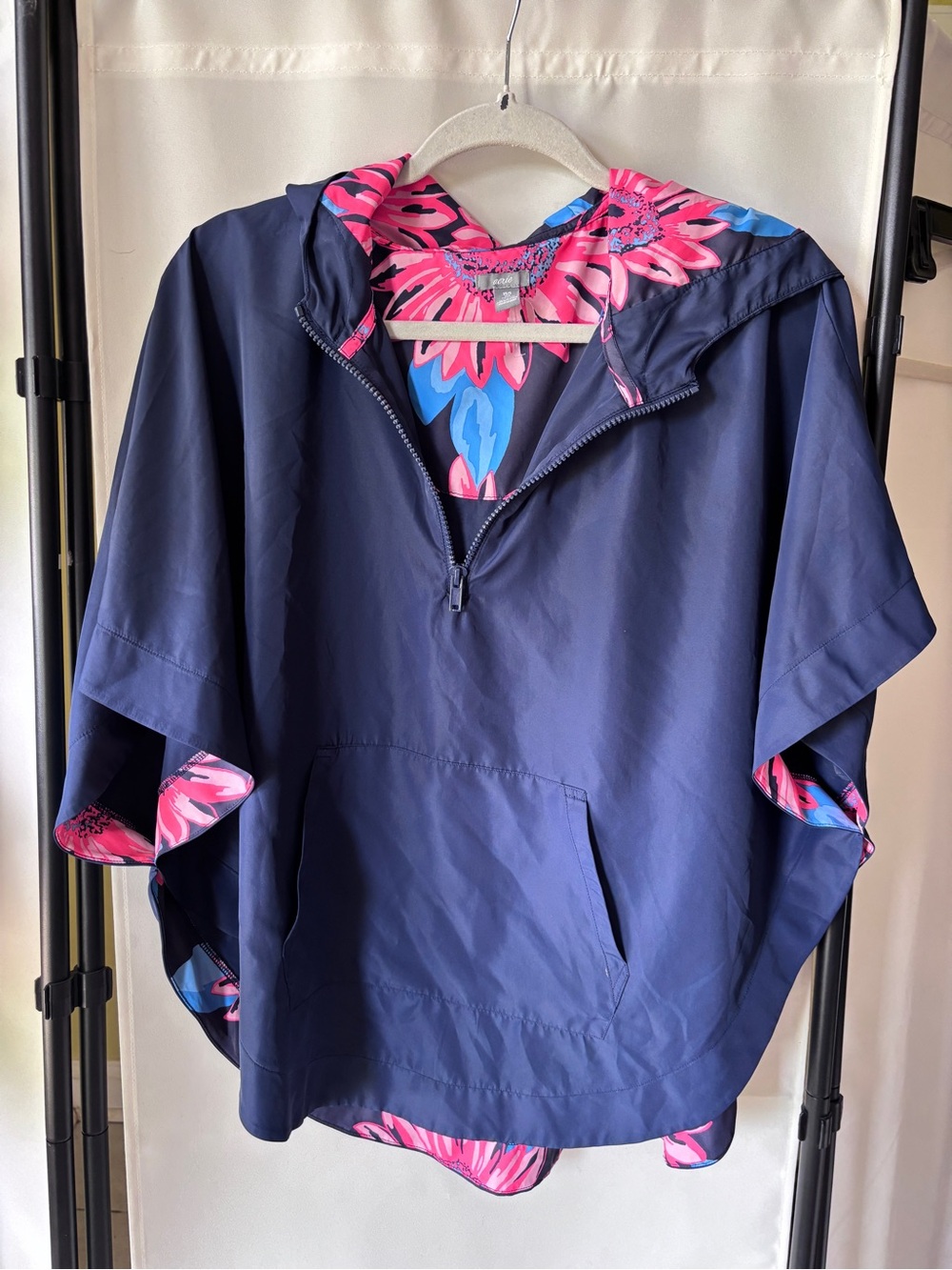 aerie Navy Hooded Poncho with Pink Floral Lining